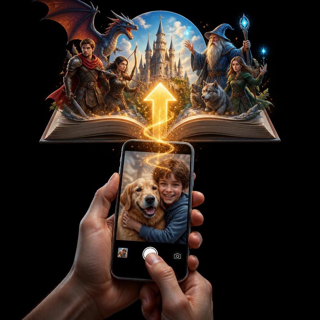 A child with their pet uploading a photo into a magical frame