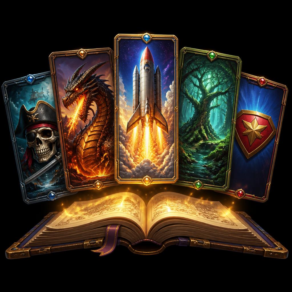 Floating theme cards — dragon, rocket, forest, superhero — hovering above an open storybook