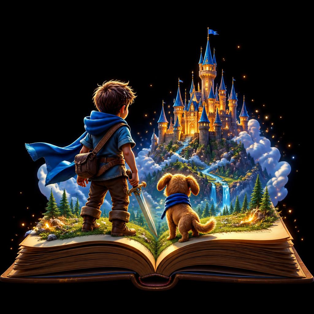 An open glowing book with a child hero and pet inside the pages, a magical quill writing golden letters